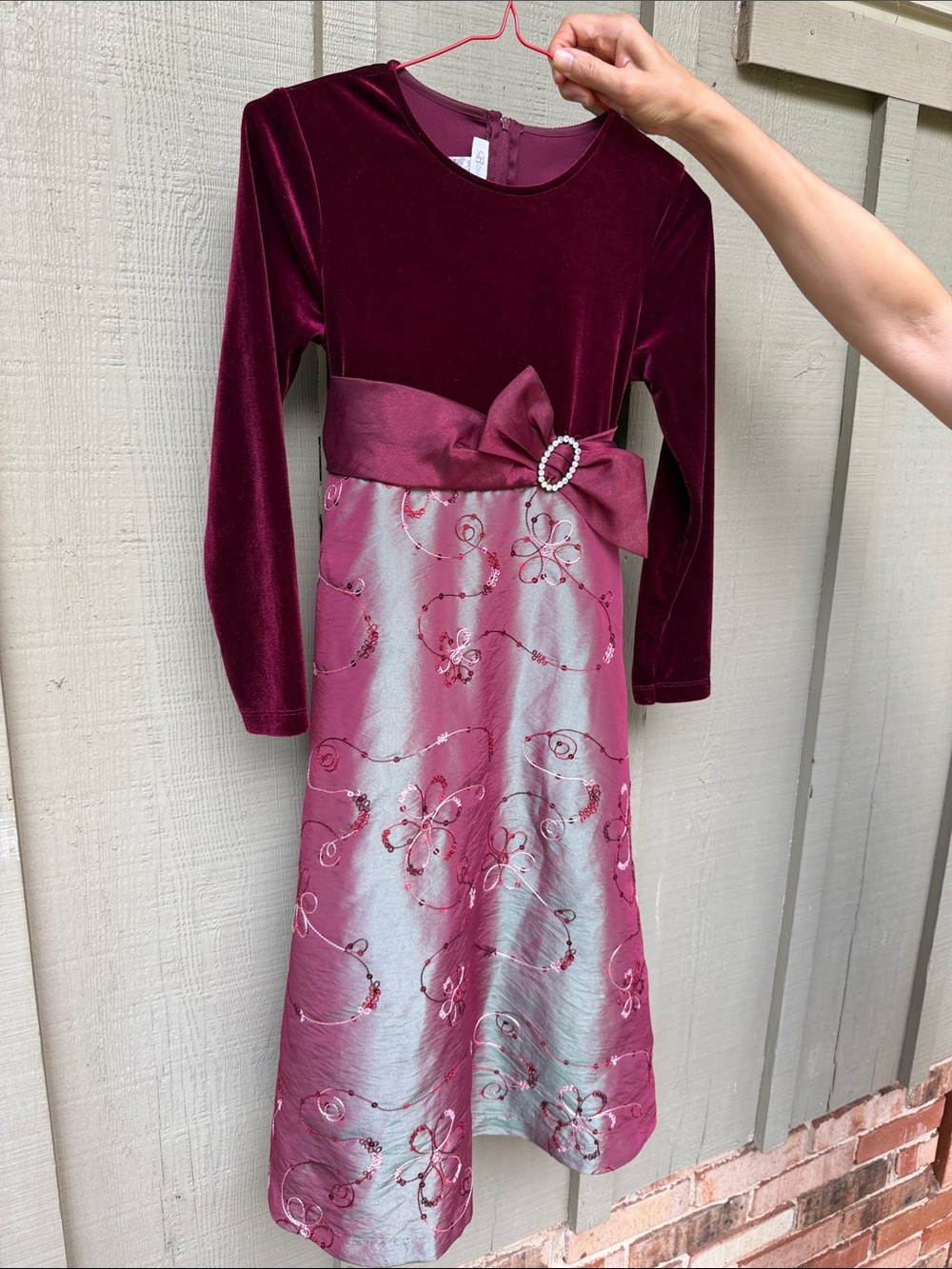 Bonnie Jean Burgundy Velvet Bodice & Pink Satin Floral Dress with Bow